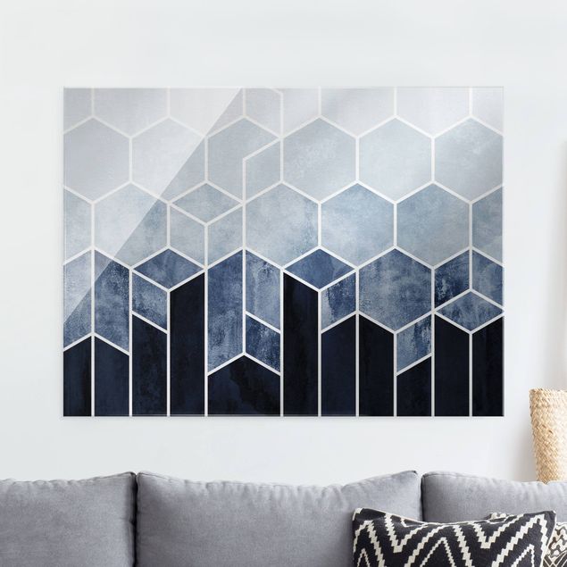 Déco mur cuisine Géométrie dorée - Hexagones bleu et blanc