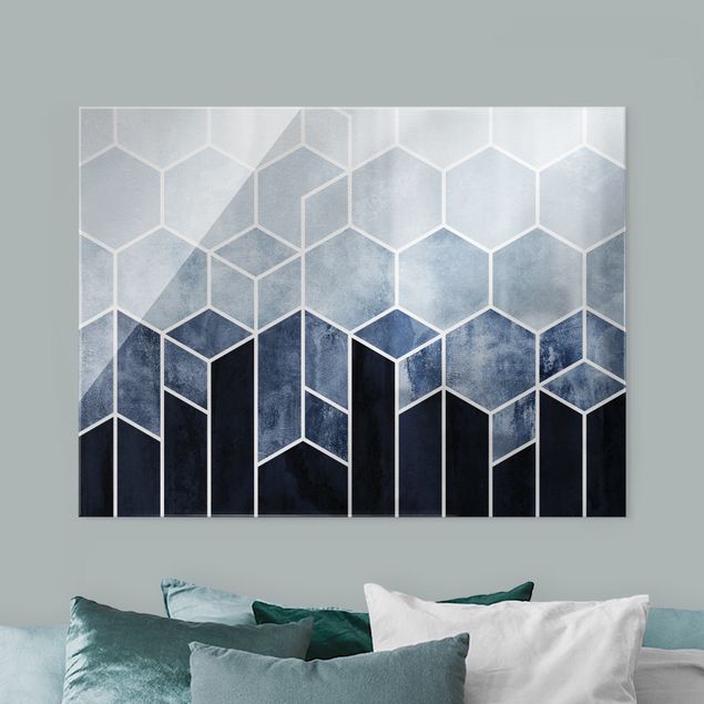 Tableaux en verre abstraits Géométrie dorée - Hexagones bleu et blanc