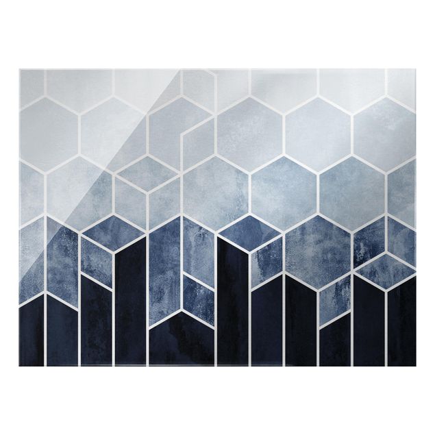 Tableau deco bleu Géométrie dorée - Hexagones bleu et blanc