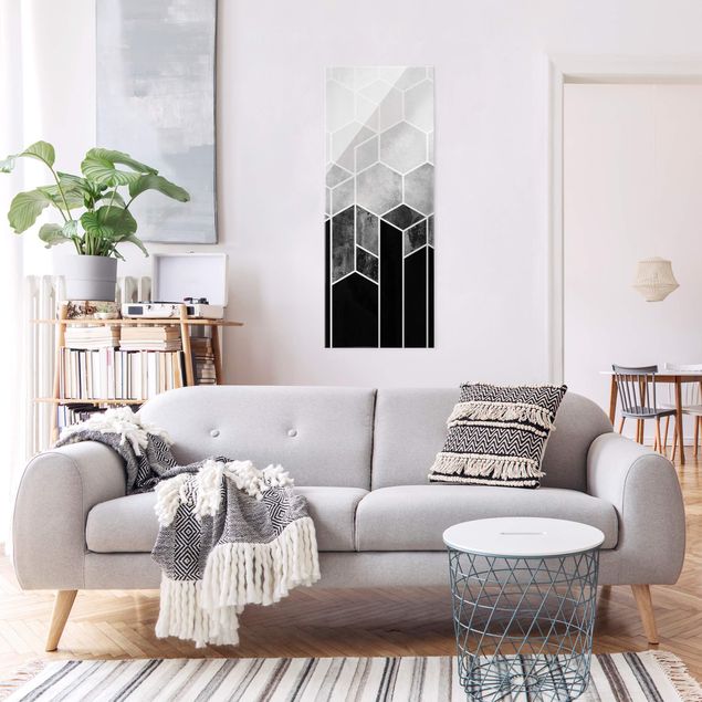 Tableaux en verre abstraits Géométrie dorée - Hexagones noir et blanc