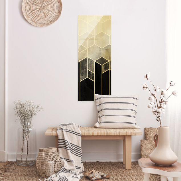 Tableaux en verre abstraits Géométrie dorée - Hexagones noir et blanc
