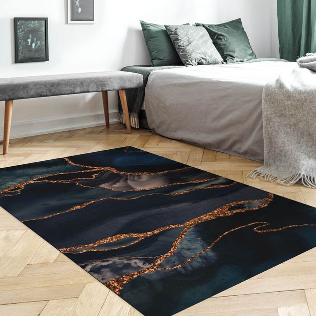 tapis abstrait Vagues à paillettes dorées sur fond bleu