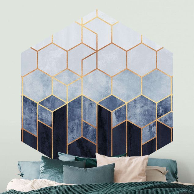 Papier peint motif geometrique Hexagones d'or bleu blanc