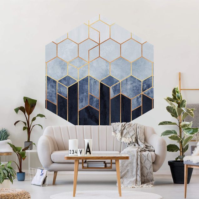 Tapisserie moderne Hexagones d'or bleu blanc