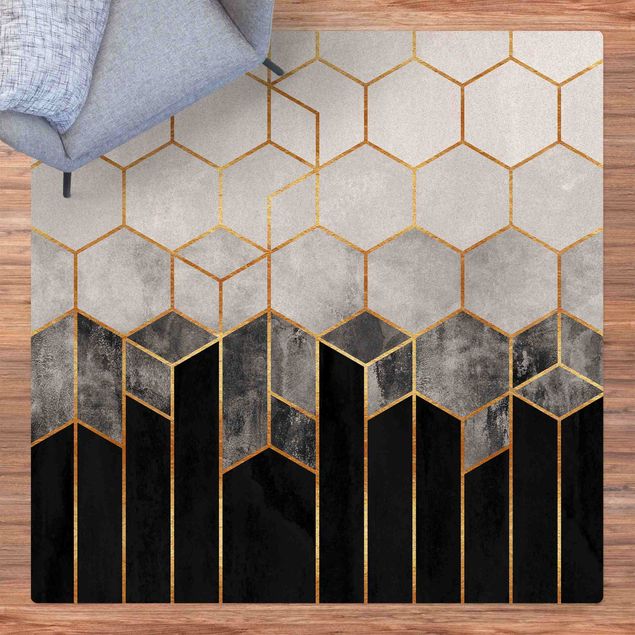 tapis modernes Hexagones d'or noir et blanc