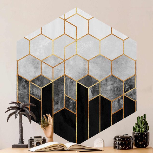 Papier peint motif geometrique Hexagones d'or noir et blanc