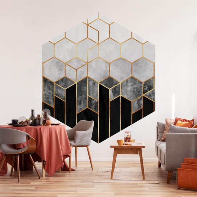 Tapisserie moderne Hexagones d'or noir et blanc