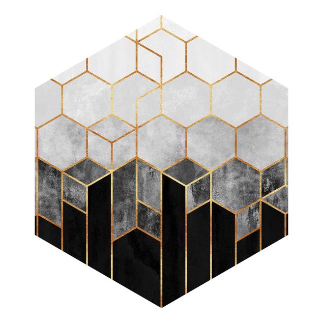 Tapisserie bleu Hexagones d'or noir et blanc