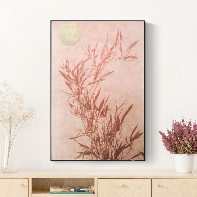 Tableau paysage Soleil d'or avec bambou rose
