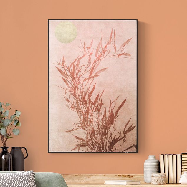 Tableau moderne Soleil d'or avec bambou rose
