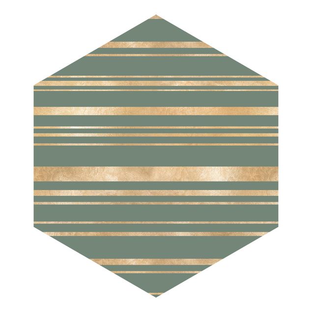 Papier peint hexagonal autocollant avec dessins - Golden Stripes Green Backdrop