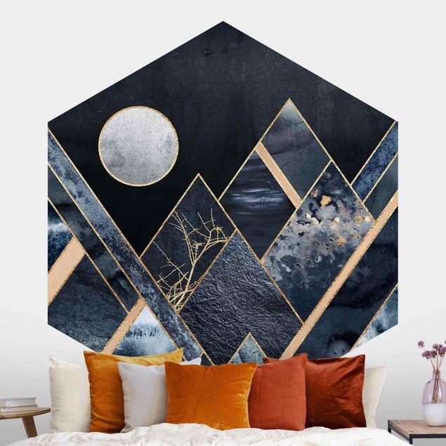 Déco murale cuisine Lune dorée Montagnes noires abstraites