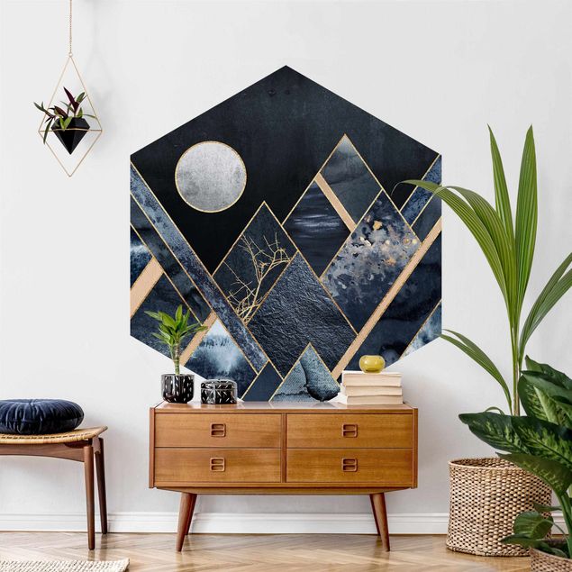 Papiers peints modernes Lune dorée Montagnes noires abstraites