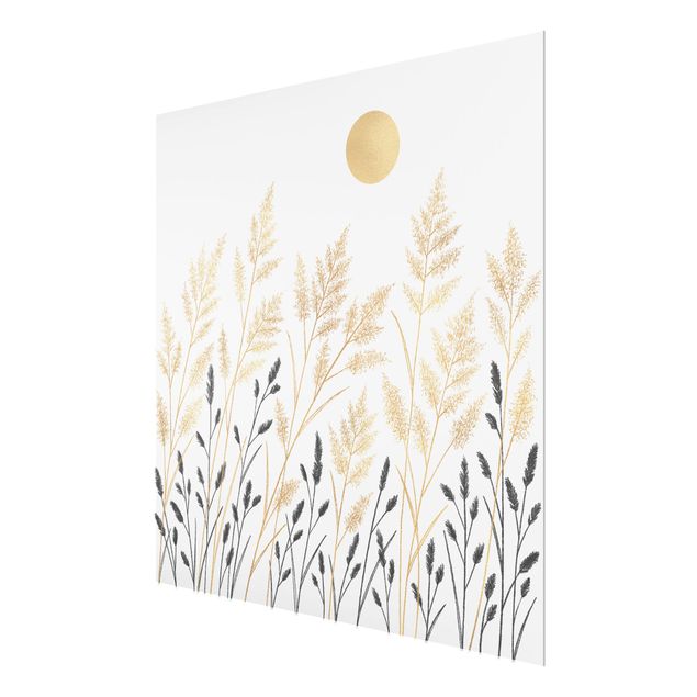 Tableau en verre - Grasses And Moon In Gold And Black - Carré