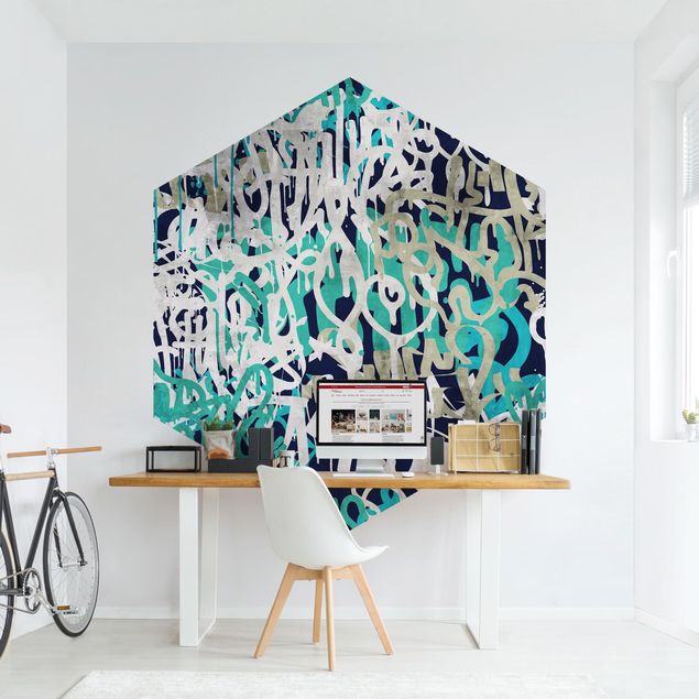 Papier peint panoramique hexagonal Graffiti Art Tagged Wall Turquoise