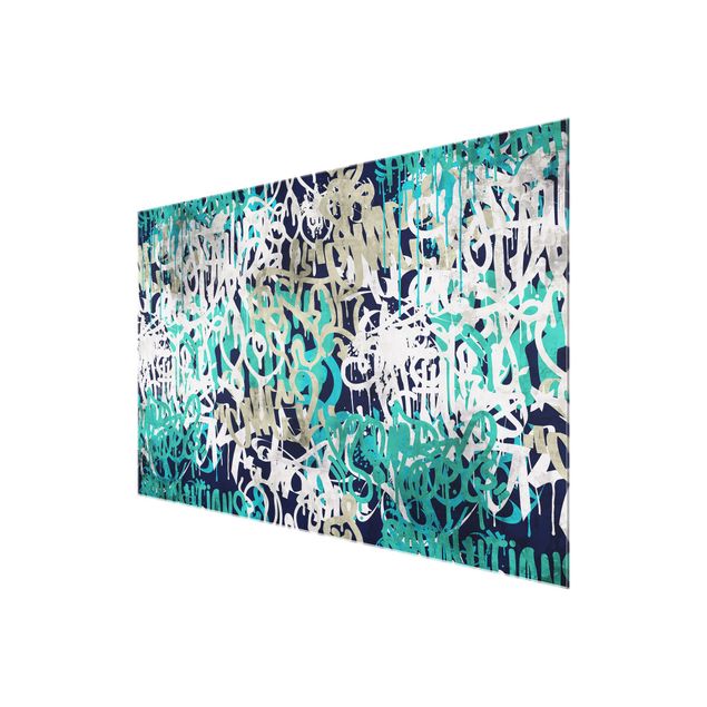 Tableaux en verre magnétique Graffiti Art Tagged Wall Turquoise