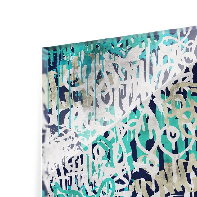 Tableau en verre - Graffiti Art Tagged Wall Turquoise