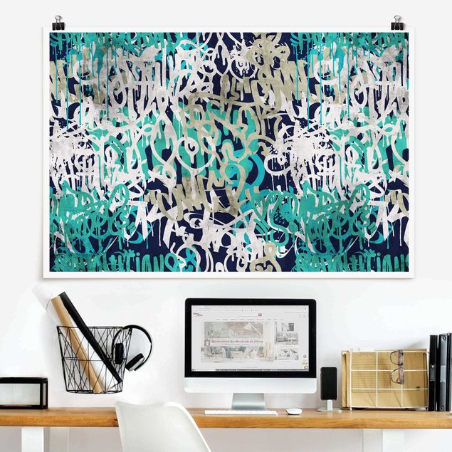 Tableaux modernes Graffiti Art Tagged Wall Turquoise