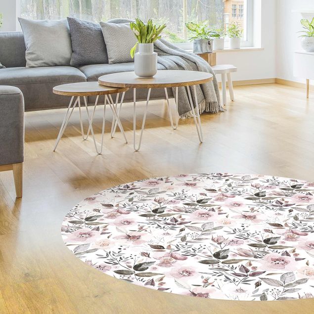 tapis salon moderne Feuilles Grises avec Fleurs Aquarellées