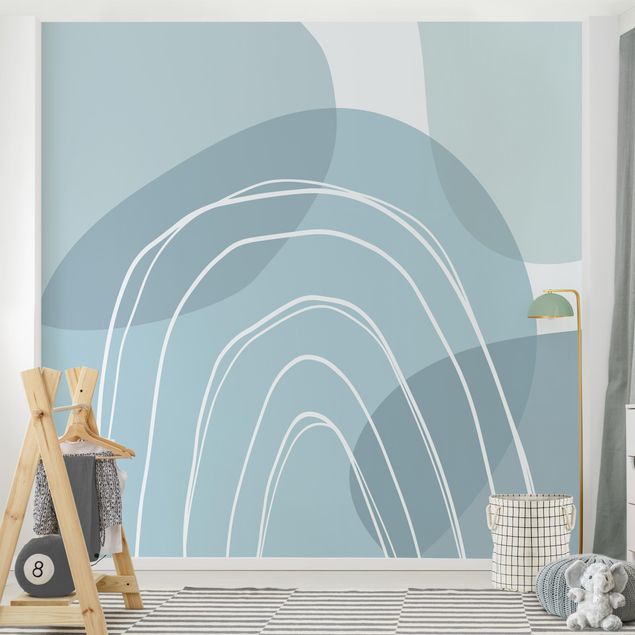 Papier peint motif geometrique Grandes formes circulaires en arc-en-ciel - bleu