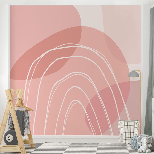 Papier peint motif geometrique Grandes formes circulaires en arc-en-ciel - rose