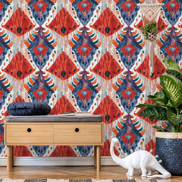 Tapisserie moderne Grand motif Ikat Bali rouge et bleu