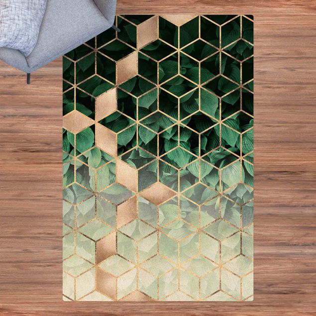 tapis contemporain Feuilles vertes Géométrie dorée