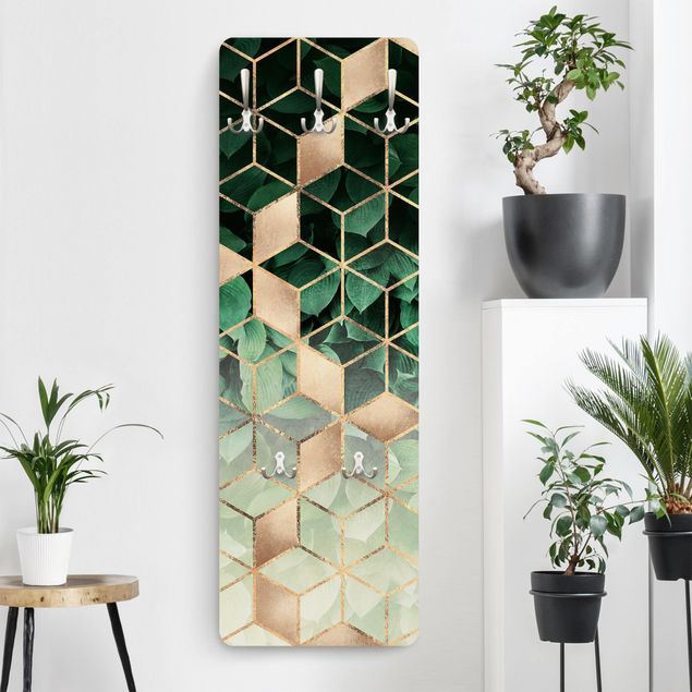 Porte-manteaux muraux avec dessins Green Leaves Golden Geometry