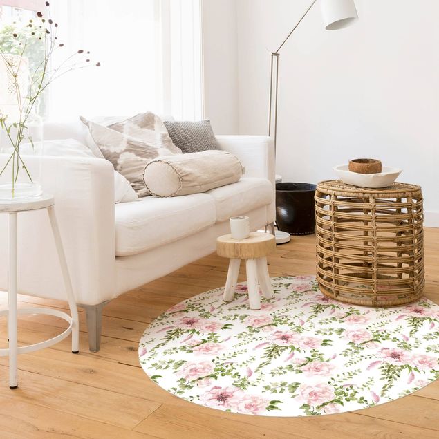 tapis floral Feuilles Vertes avec Fleurs Roses à l'Aquarelle