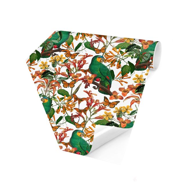 Papier peint fleurs Perroquets verts avec papillons tropicaux