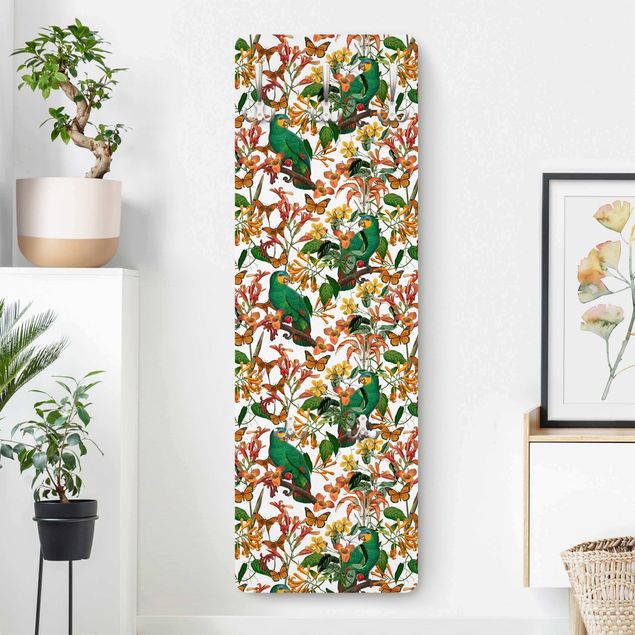 Porte-manteaux muraux avec fleurs Perroquets verts avec papillons tropicaux