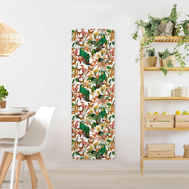 Porte-manteaux muraux avec dessins Perroquets verts avec papillons tropicaux