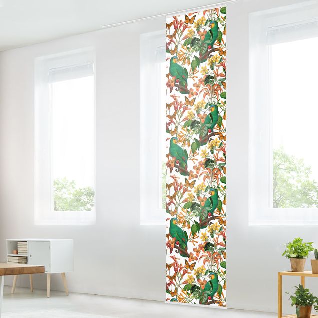 Déco murale cuisine Perroquets verts avec papillons tropicaux