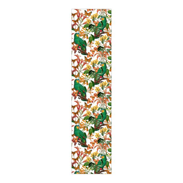 Panneaux coulissants avec fleurs Perroquets verts avec papillons tropicaux