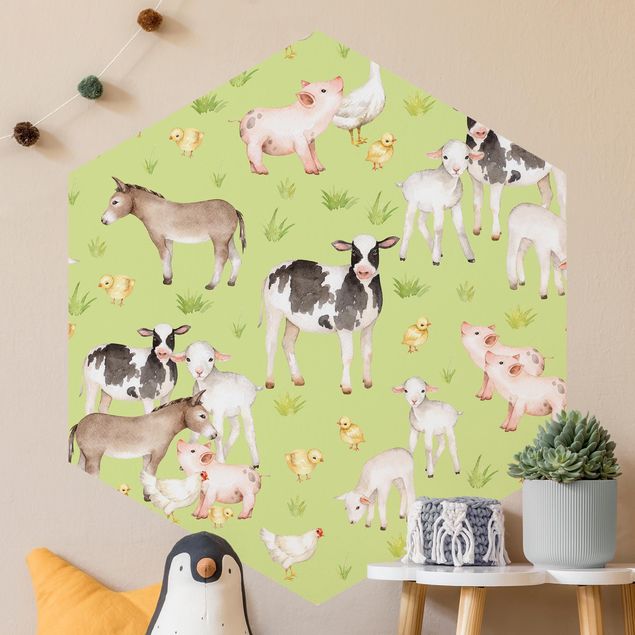 Papiers peints modernes Prairie verte avec vaches et poules