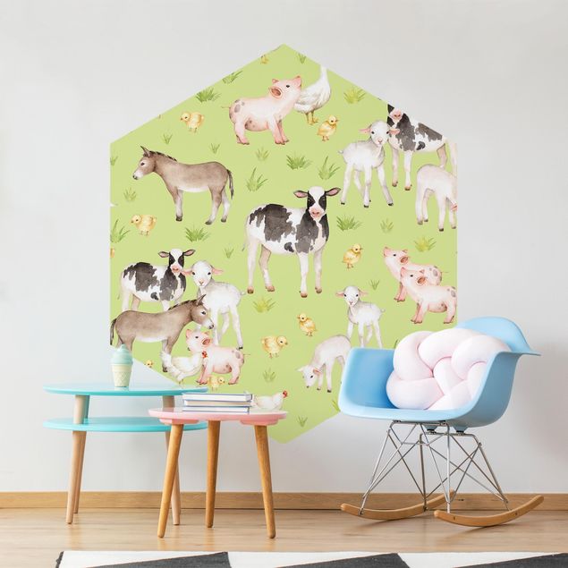 Papier peint panoramique hexagonal Prairie verte avec vaches et poules