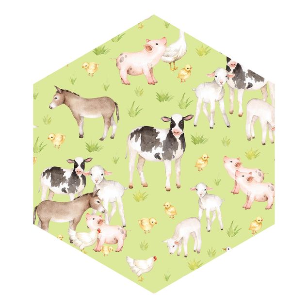 tapisserie panoramique Prairie verte avec vaches et poules
