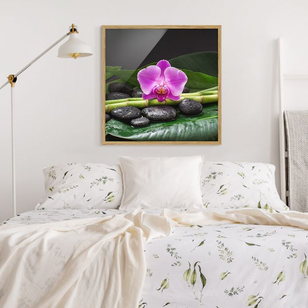 Tableaux encadrés fleurs Bambou vert avec fleur d'orchidée