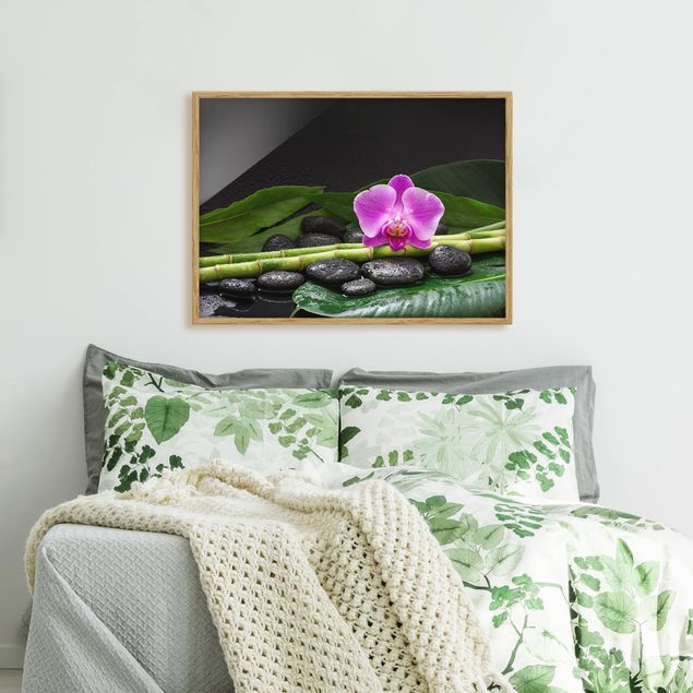 Tableaux encadrés fleurs Bambou vert avec fleur d'orchidée