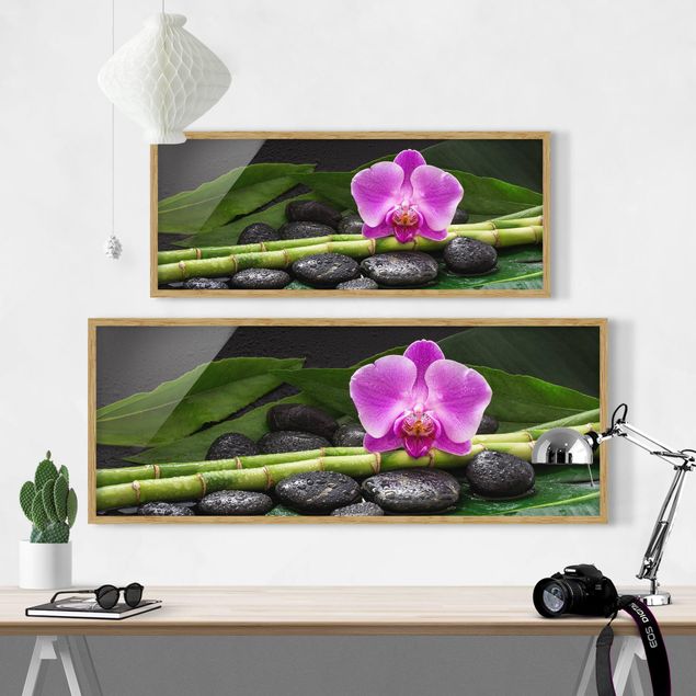 Tableaux fleurs Bambou vert avec fleur d'orchidée