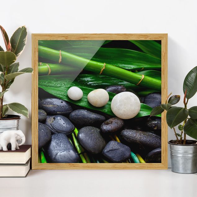 Tableau zen bambou Bambou vert avec pierres zen