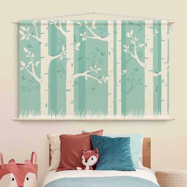 Tableau arbres Green Birch Forest With Butterflies And Birds