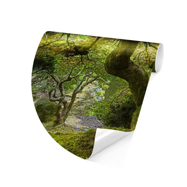 Papier peint panoramique forêt Jardin japonais vert