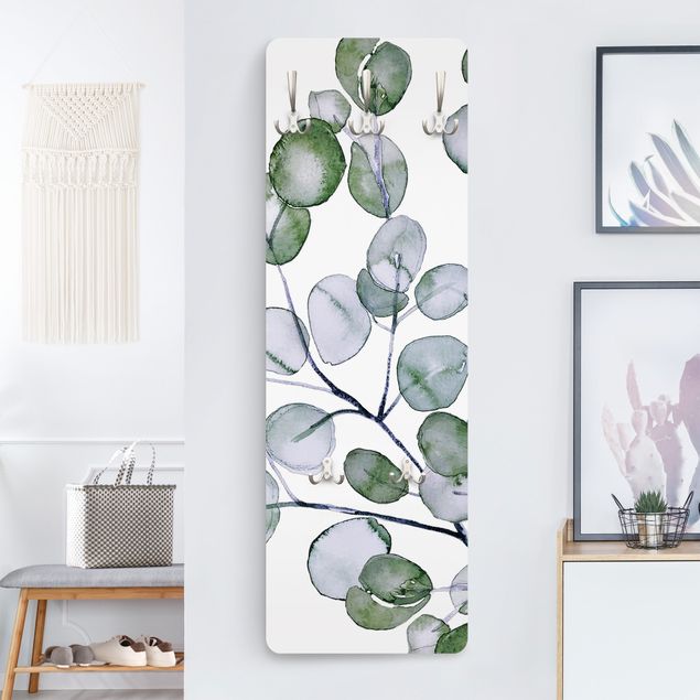 Porte-manteaux muraux avec fleurs Branche d'eucalyptus vert aquarelle