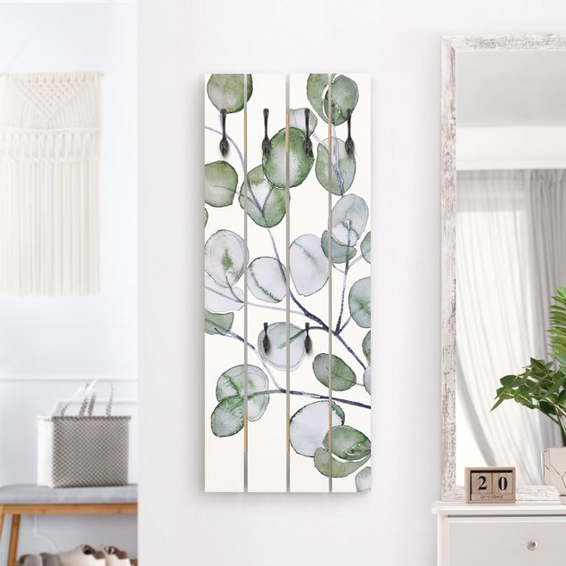 Porte-manteaux muraux avec fleurs Branche d'eucalyptus vert aquarelle