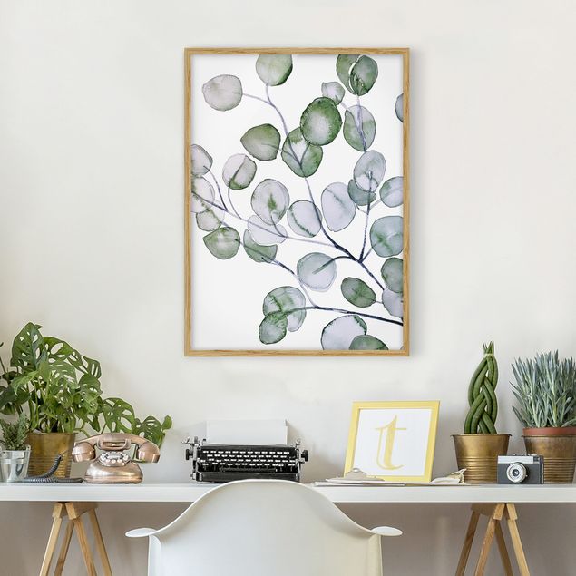 Tableaux encadrés fleurs Branche d'eucalyptus vert aquarelle