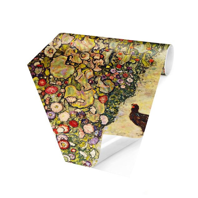 Papier peint fleurs Gustav Klimt - Chemin de jardin avec poules