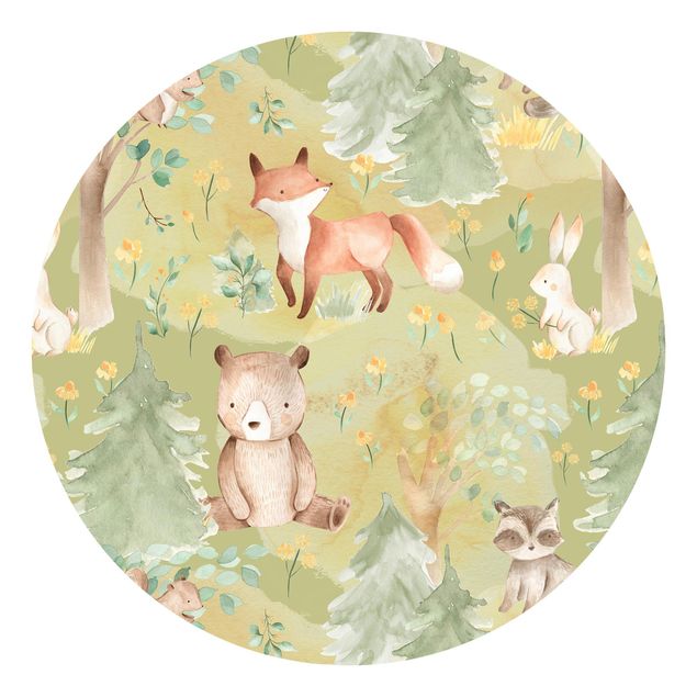 Papier peint animaux forêt Lapin et renard dans un pré vert