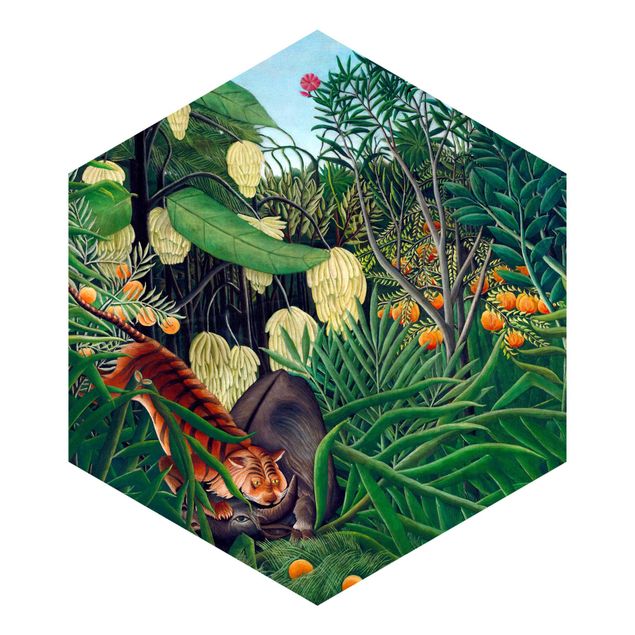 Papier peint vert Henri Rousseau - Combat entre un tigre et un buffle