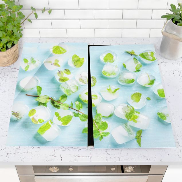 Cache plaques de cuisson fleurs Glaçons avec feuilles de menthe